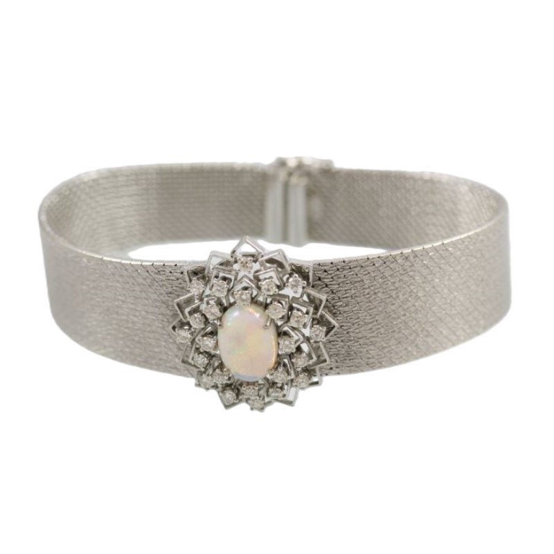 Estate 18 Karat White Gold  Opal And Diamond Mesh Bracelet