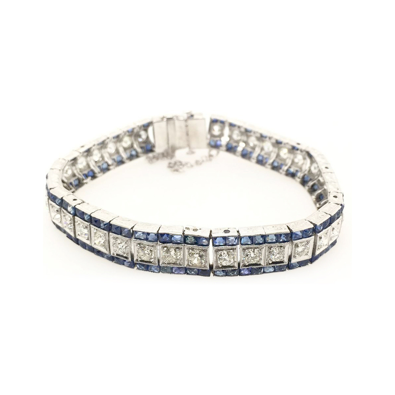 A & R Estate Platinum Diamond & Sapphire Link Bracelet Measuring 7" Long