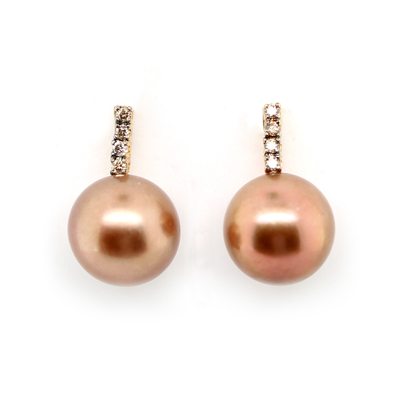 ESTATE YVEL 18KY TAHITIAN PEARL/DIA EARRINGS FROM THE GOLDEN BROWN COLLECTION EACH EARRING CONTAINS 4FC COGNAC DIAS PRONG SET IN A VERTICLE ROW WITH ONE GOLDEN BROWN TAHITIAN PEARL SET AT THE BOTTOM