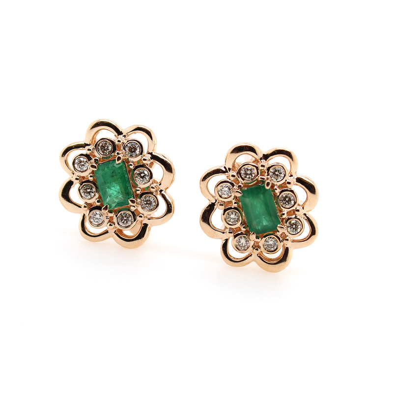 Estate 14 Karat Rose Gold Emerald And Diamond Earrings