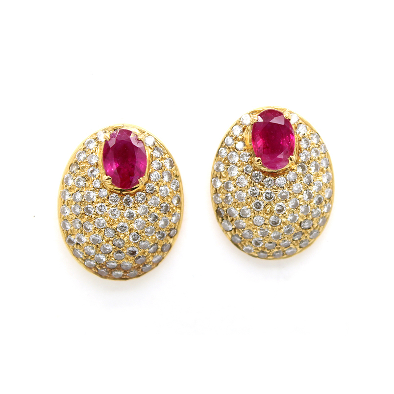 Estate 14 Karat Yellow Gold Ruby And Diamond Earrings With Post And Friction Backs