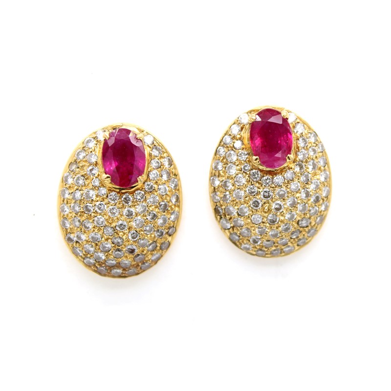 Estate 14 Karat Yellow Gold Ruby And Diamond Earrings With Post And Friction Backs