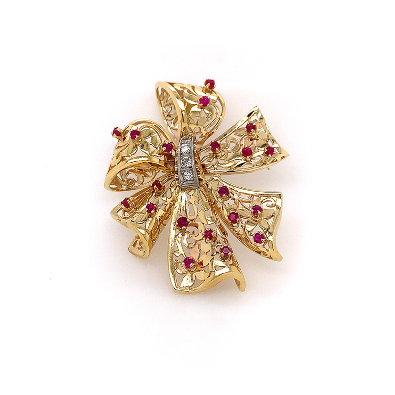 Estate 14 Karat Yellow Gold Ruby And Diamond Bow Pin Pendant