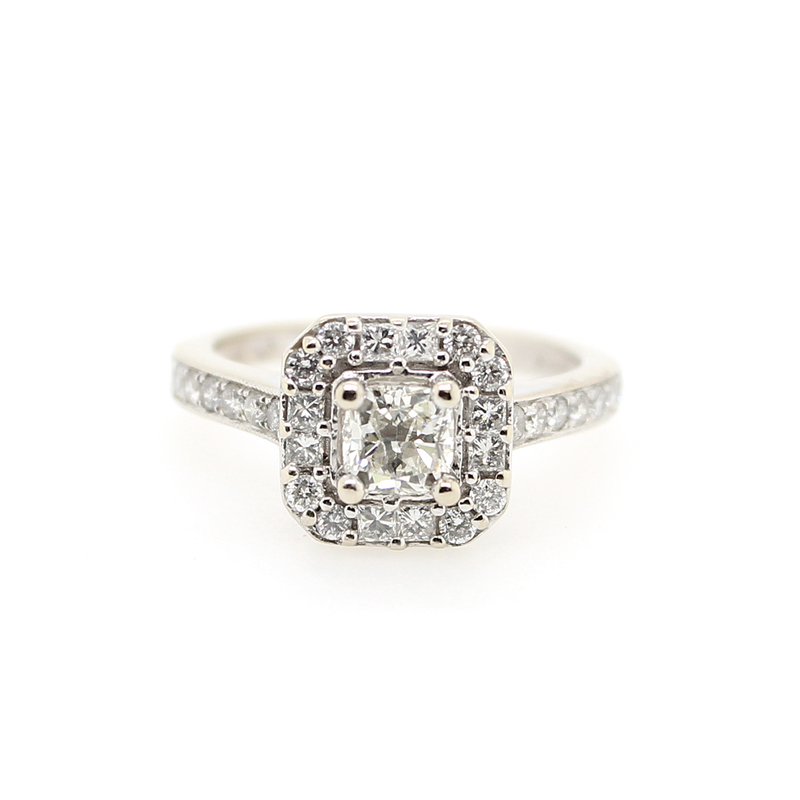 Estate14 Karat White Gold Diamond Ring Having 1 Princess Cut Diamond With A Weight Of Approximately .50 Carat  Prong Set In The Center