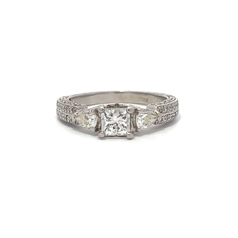 Estate Platinum Diamond Ring Having 1 Princess Cut Diamond 4-Prong Set In The Center Having An Approximate Weight Of .71 Carat Graded SI1 For Clarity And I For Color With 1 Pear Shaped Diamond Prong Set On Either Side And Having 16 Full Cut Diamonds  Pron