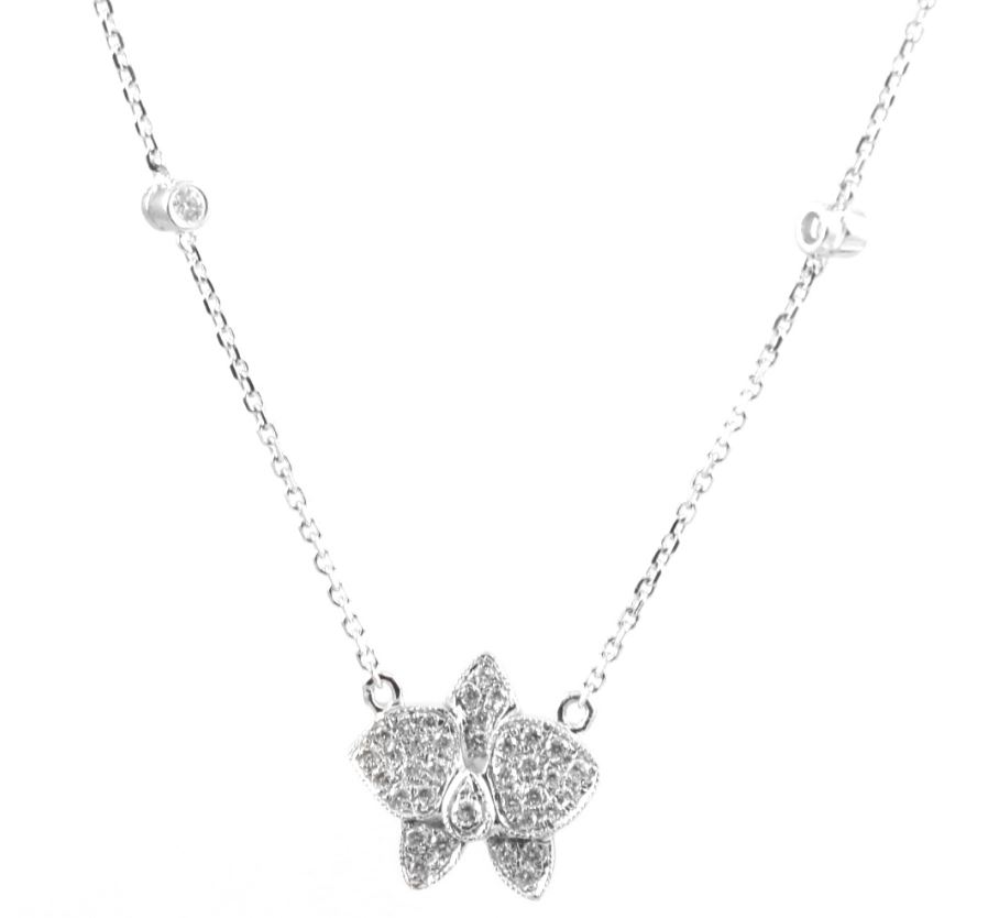 Estate 14 Karat White Gold Diamond Butterfly Necklace Measuring 16