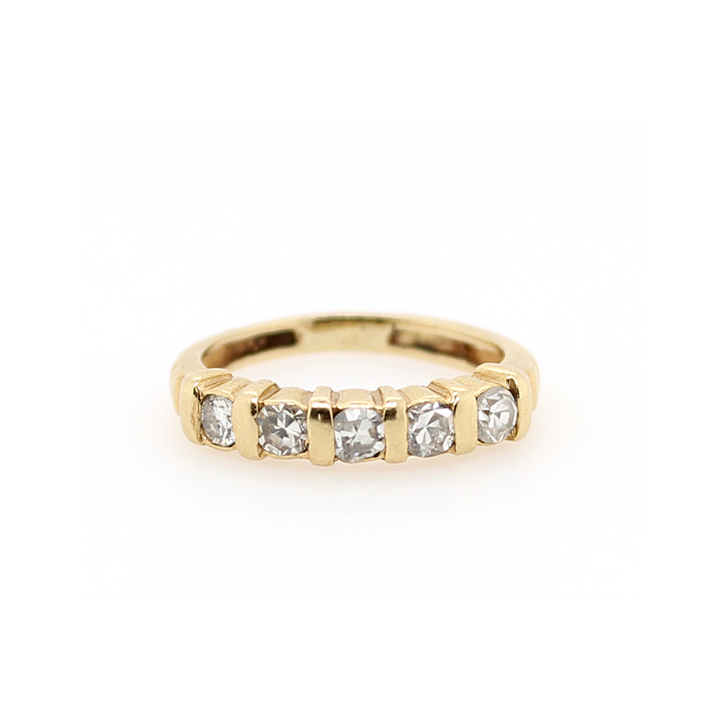 Vintage 14 Karat Yellow Gold Five Diamond Row Ring