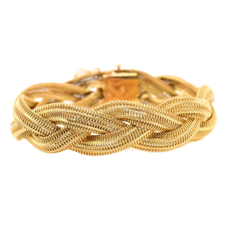 Estate 18 Karat Yellow Gold Wide Braided Bracelet Measuring 7" Long