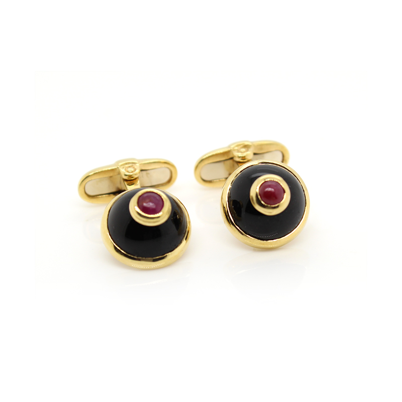 Estate 18 Karat Yellow Gold Black Onyx And Ruby Cufflinks