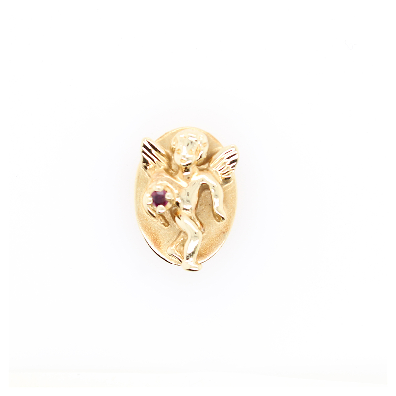 Estate 14 Karat Yellow Gold Cherub Holding 1 4-Prong Set Ruby Klein Slide.