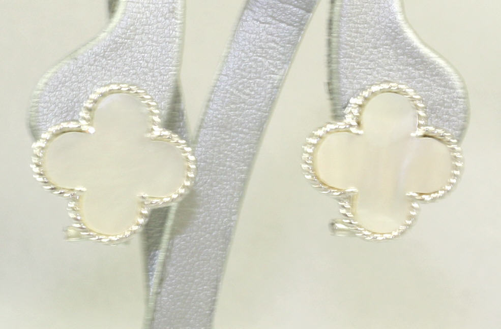 Estate 14 Karat White Gold Mother Of Pearl Clover Reproduction Earrings