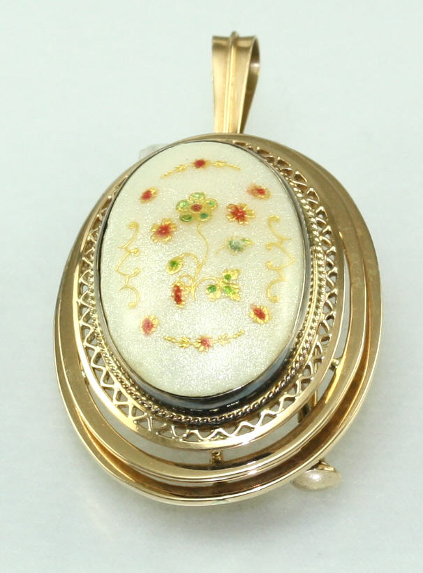 Estate 14 Karat Yellow Gold Hand Painted Oval Brooch Having A White Domed Enamel Center Section With Red And Green Flowers