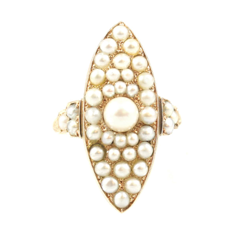 Estate 14 Karat Yellow Gold Natural Pearl Navette Shaped Ring