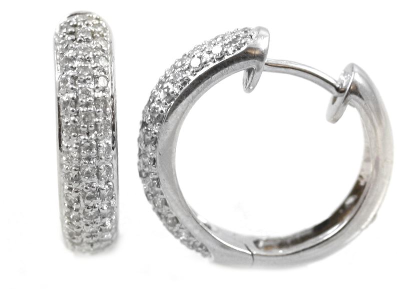 Estate 14 Karat White Gold Diamond Hinge Hoop Earrings  Each Having 29 Full Cut Diamonds Pave Set On Front Of Hoops