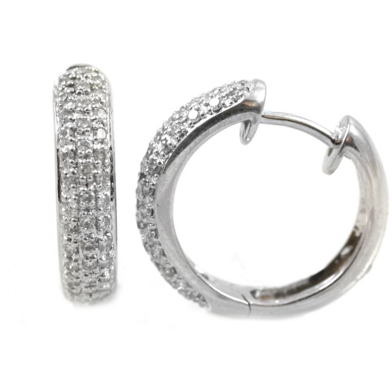 Estate 14 Karat White Gold Diamond Hinge Hoop Earrings  Each Having 29 Full Cut Diamonds Pave Set On Front Of Hoops