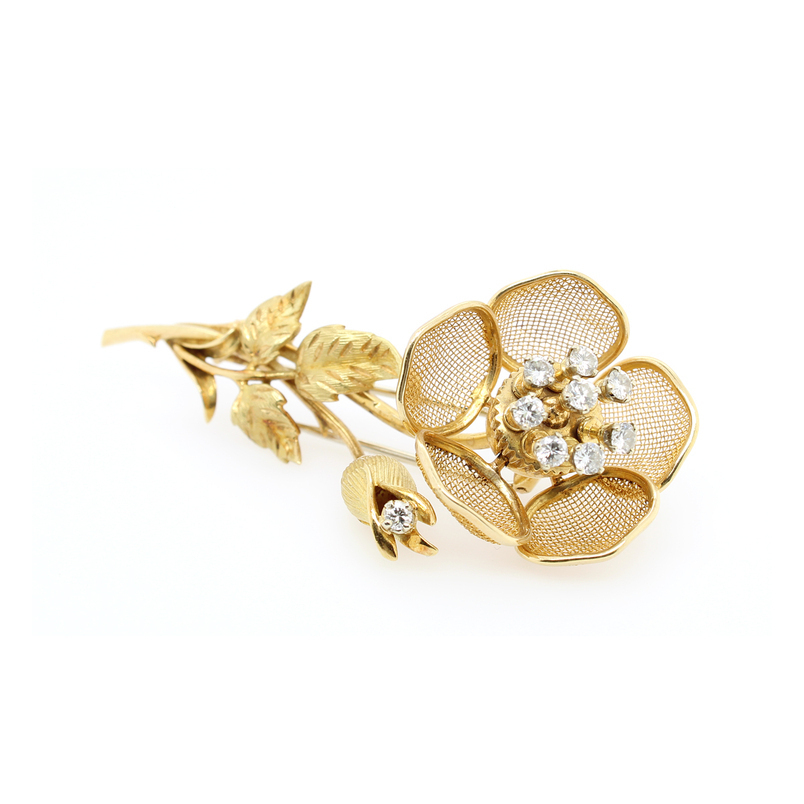 A & R Estate 18 Karat Yellow Gold French Flower Diamond Pin