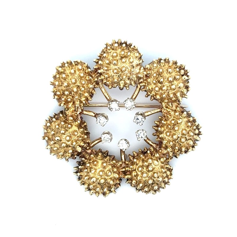 Estate 14 Karat Yellow Gold Flower Diamond Pin