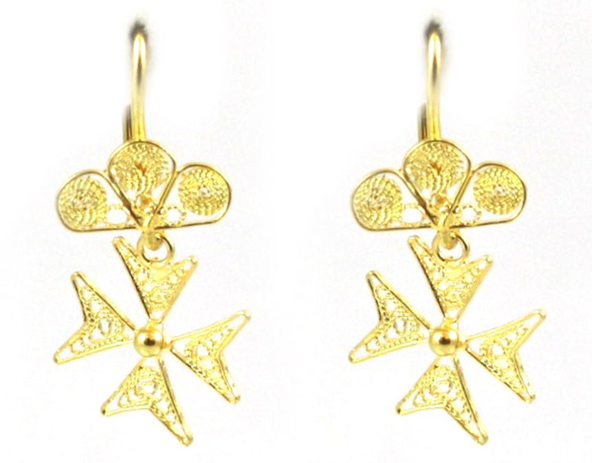 Estate 22 Karat Yellow Gold Handmade Cross Drop Earrings