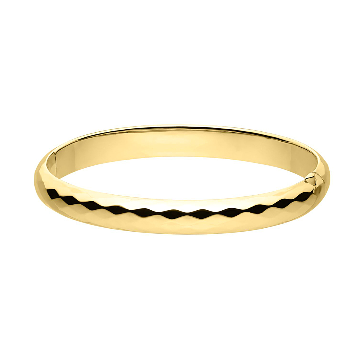 14 Karat Yellow Gold Filled Embossed 7 Inch Bangle Bracelet With Push Button Guard & Hinge Clasp.