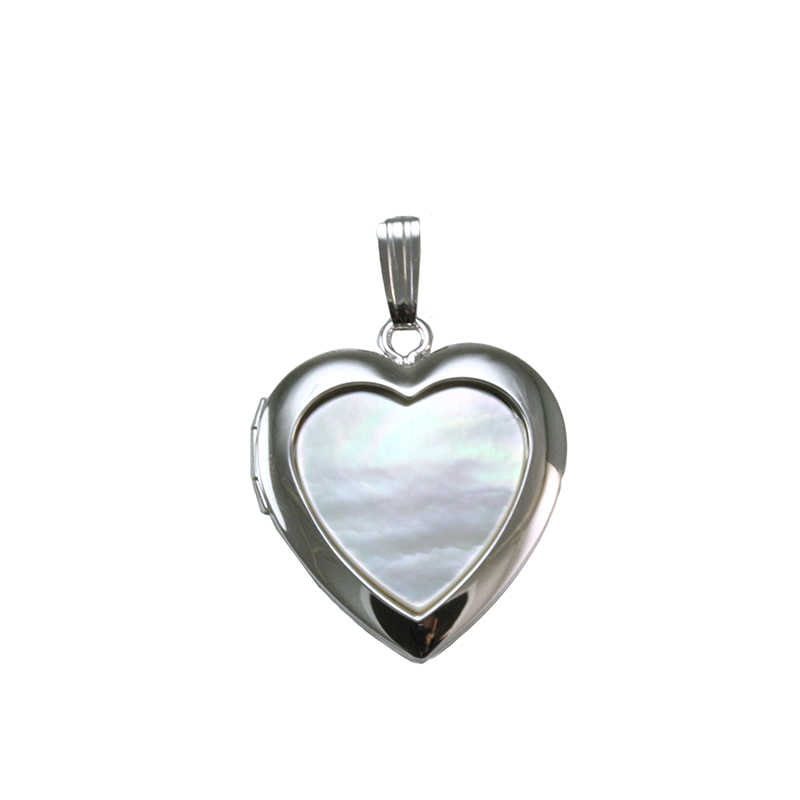 Sterling Silver Heart Shaped Locket With White Mother Of Pearl Inlay Suspended On An 18" Round Link Chain