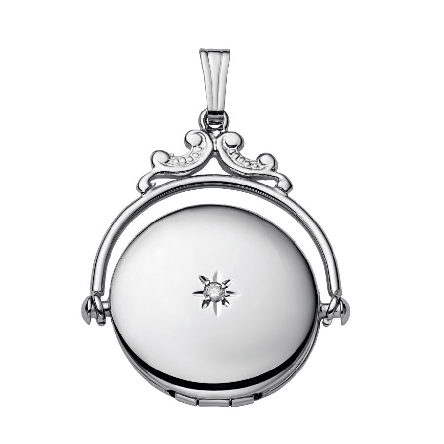 Sterling Silver Spinning Locket With 1 Full Cut Bead Set Diamond On The Front Suspended On An 18