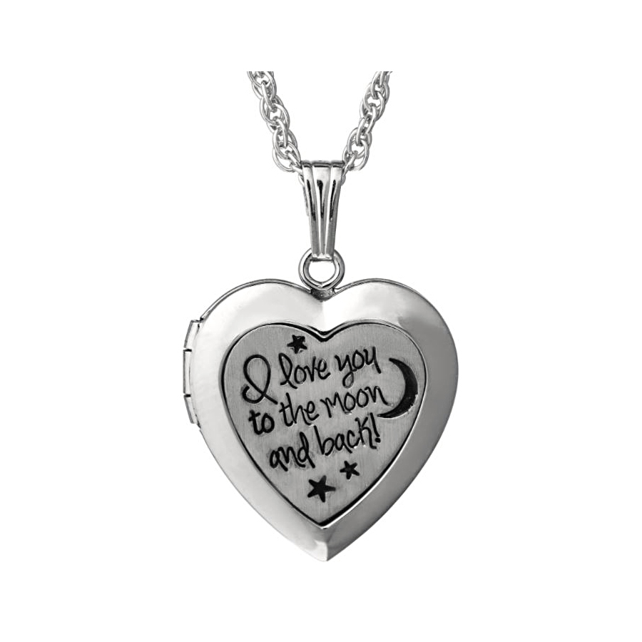 Sterling Silver Heart Shaped Locket Inscribed With "I Love You To The Moon And Back" On The Front Suspended On An 18" Rolo Chain