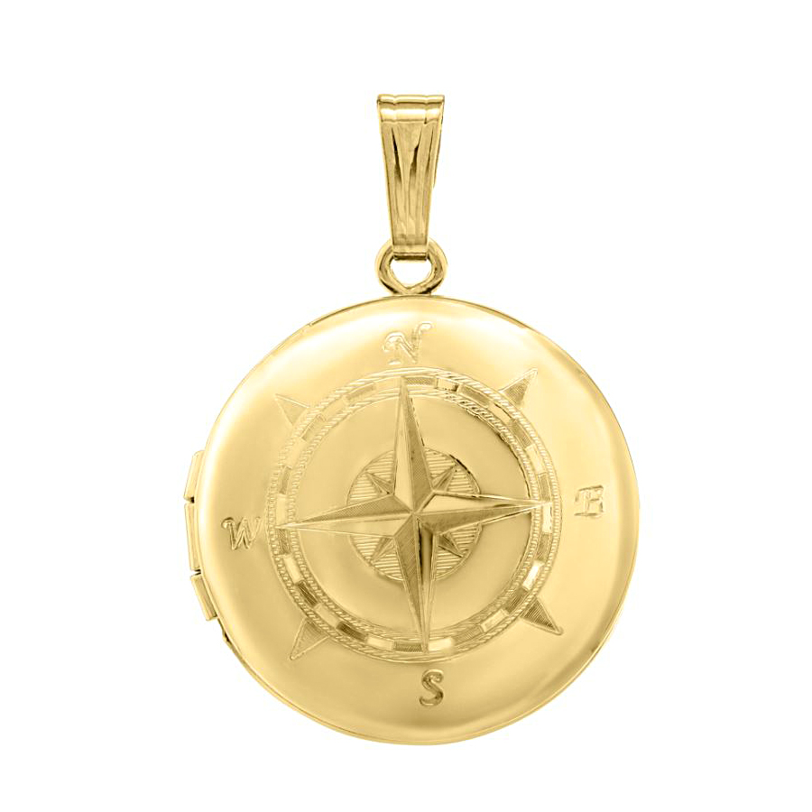 14 Karat Yellow Gold Compass Engraved Round Locket19mm In Diameter