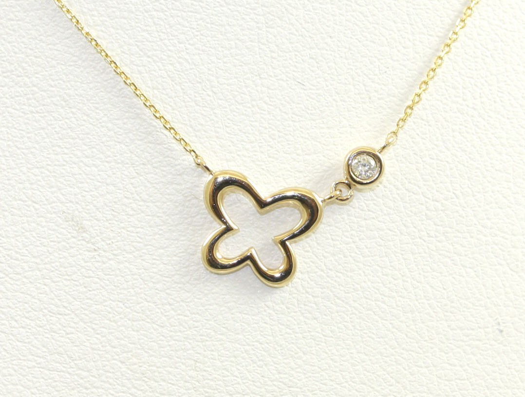 14 Karat Yellow Gold Clover W/Dia Stat On An Attached 16-18" Dc Oval Link Chain W/Spring Ring Clasp