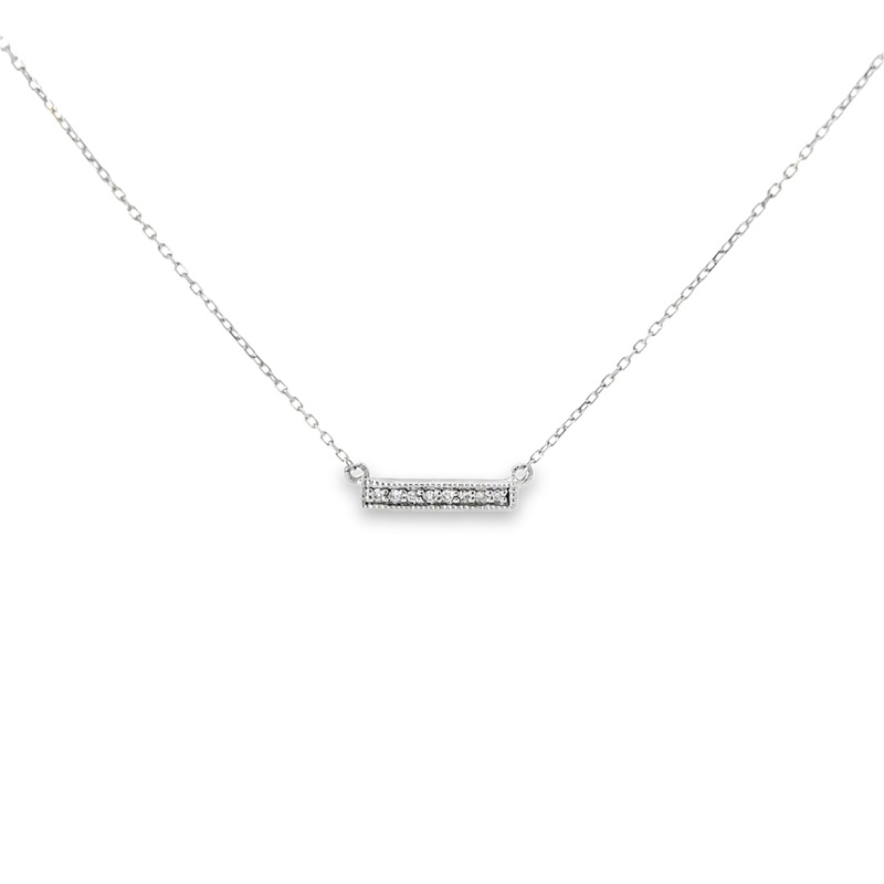 14 karat white gold diamond bar pendant suspended on a attached oval link 16-18" chain w/spring ring clasp