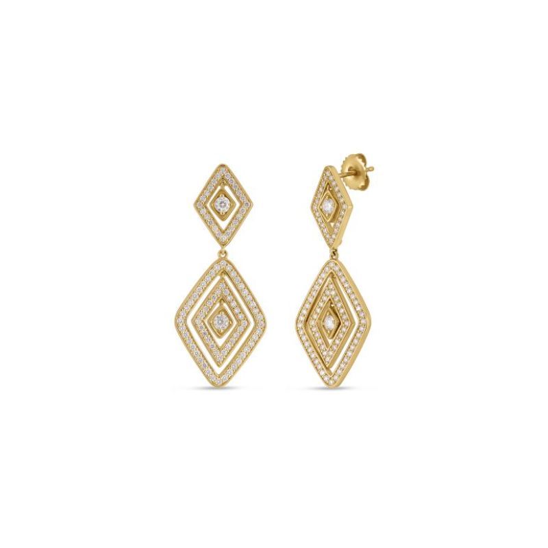 Roberto Coin Diamante Diamond Dangle Earrings  Each 18 Karat Yellow Gold Earring Contains A Drop Section Having 1 Full Cut Diamond Prong Set In The Center Surrounded By 24 Full Cut Diamonds In An Open Kite Shaped Halo Design As Well As A Dangle Section Co