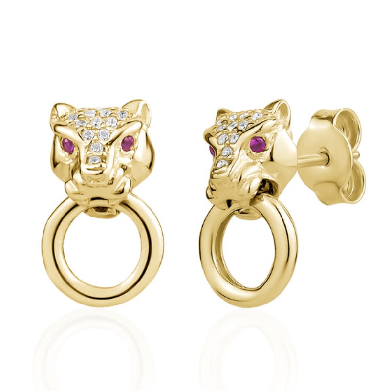 Classic Lionesse Stud Earrings in Yellow with Red Eyes   Sterling silver with 14k yellow gold vermeil High-grade cubic zirconia Butterfly back Anti-tarnish treatment.