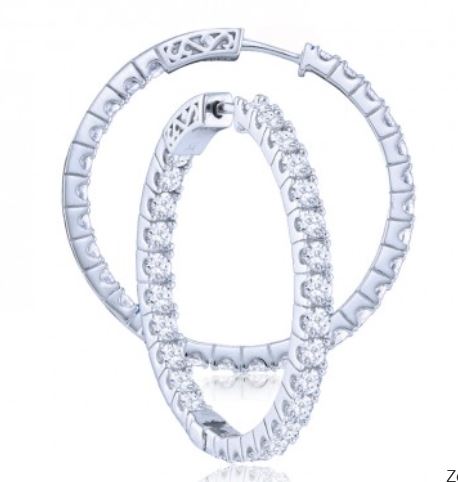 14 Karat White Gold  Inside/Outside Diamond Hinged Hoop Earrings