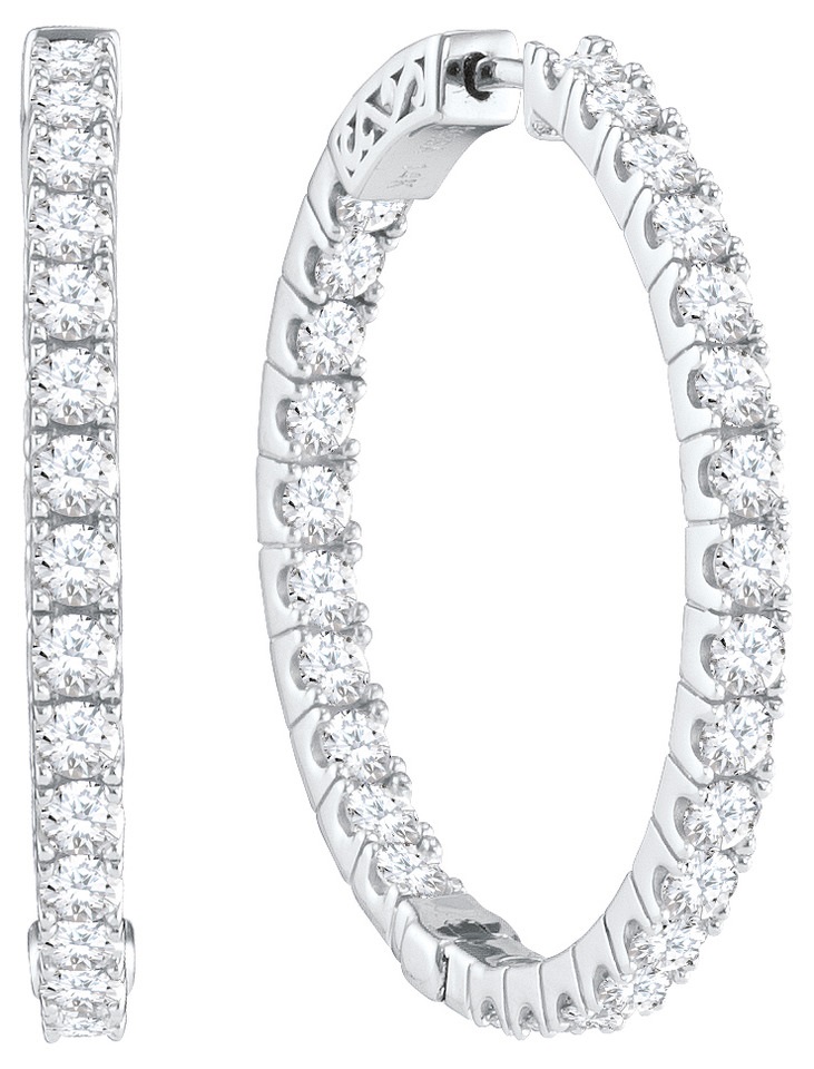 14 Karat White Gold Inside/Outside Diamond Hinged Hoop Earrings