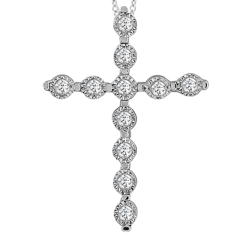14 Karat White Gold Diamond Cross Pendant Necklace The Small Pendant Contains 11 Full Cut Diamonds Flat Set In Buttercup Settings