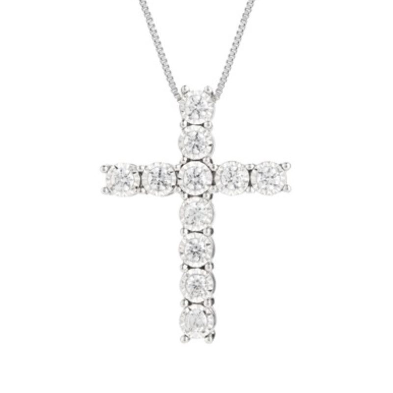 14 Karat White Gold Diamond Cross Pendant Necklace .10 Carat Category The Large Pendant Contains 11 Full Cut Diamonds Flat Set In Buttercup Settings