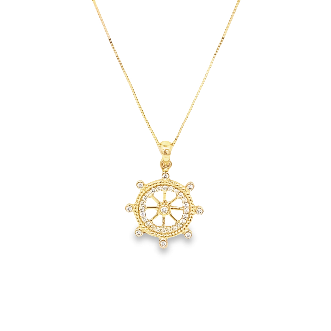 14 Karat Yellow Gold Diamond Ship Wheel Pendant On An 18 Inch Box Chain
