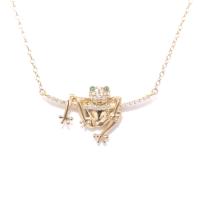 14 Karat Yellow Gold Diamond Frog Necklace
