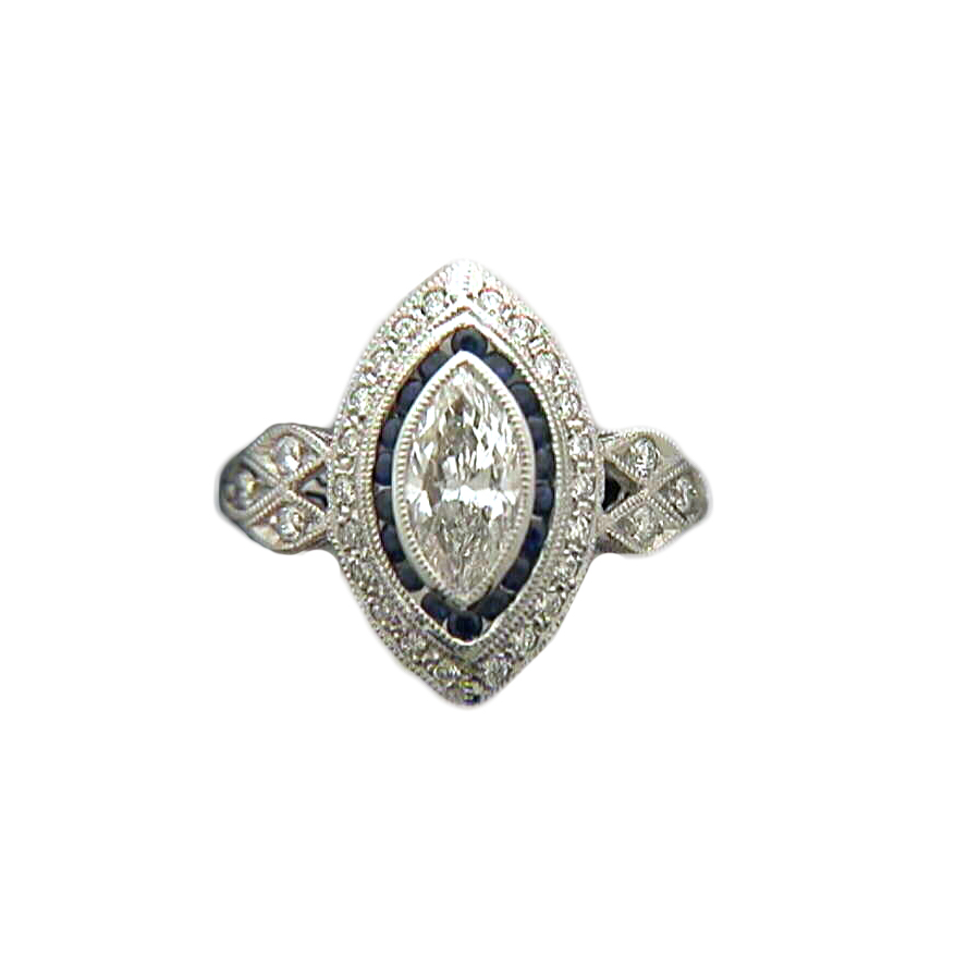 Platinum  Antique  Reproduction  GIA Diamond  And Blue Sapphire Ring