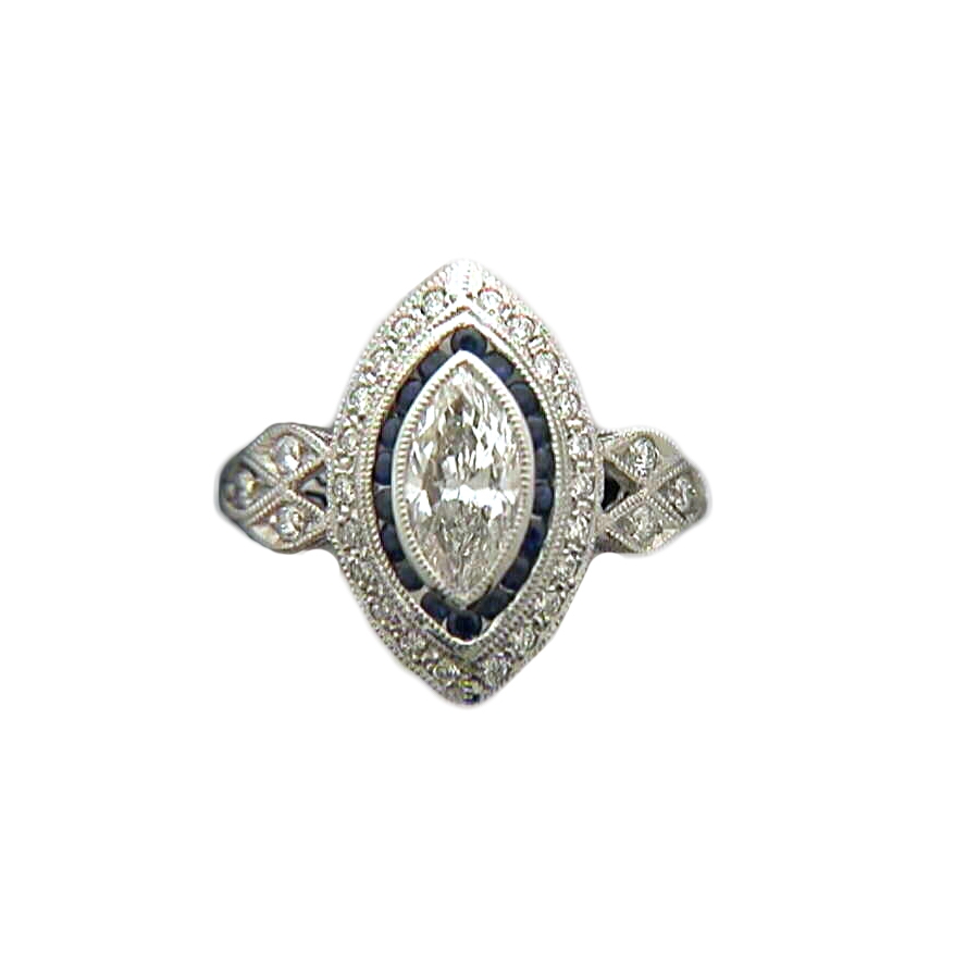 Platinum Antique Reproduction GIA Diamond And Blue Sapphire Ring