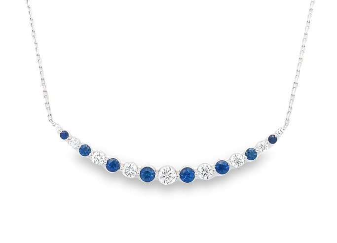 18 Karat White Gold Diamond And Blue Sapphire Necklace Measuring 18 Inches