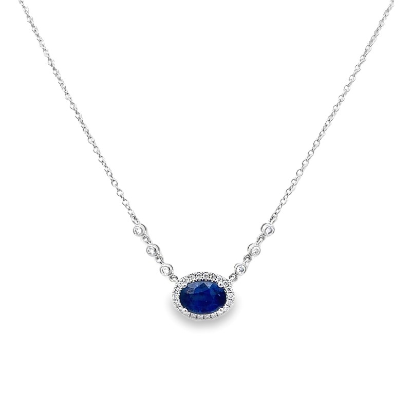 Oval Blue Sapphire And Diamond Halo Necklace