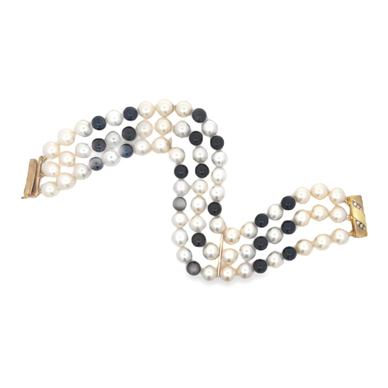 Estate Pearl And Black Onyx 3 Strand Bracelet