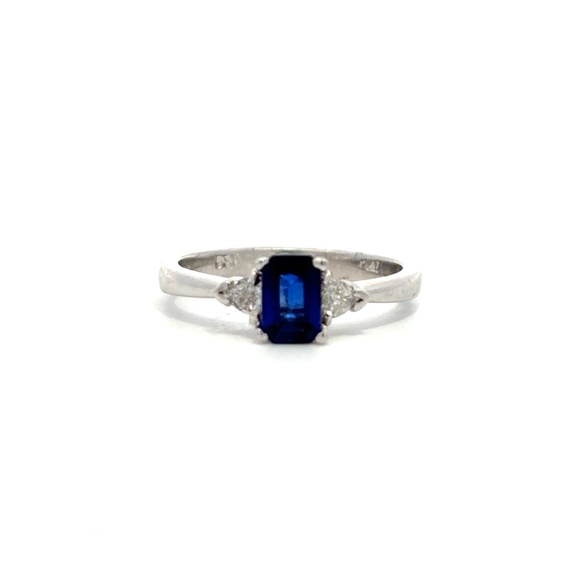 Platinum Blue Sapphire and Diamond 3 Stone Ring