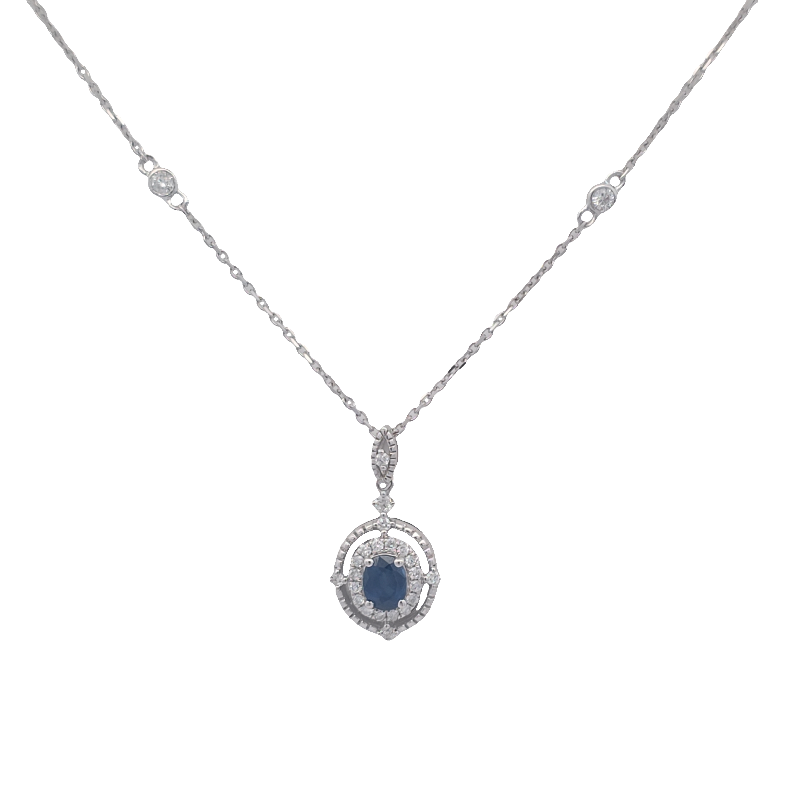 Blue Sapphire And Diamond Halo Pendant Necklace