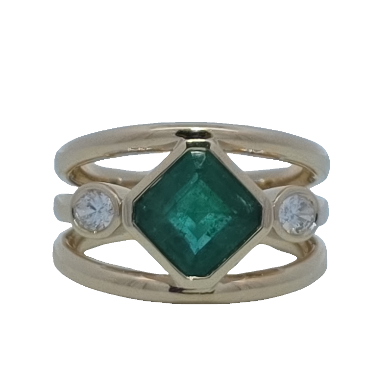 Wide Emerald And Diamond Ring