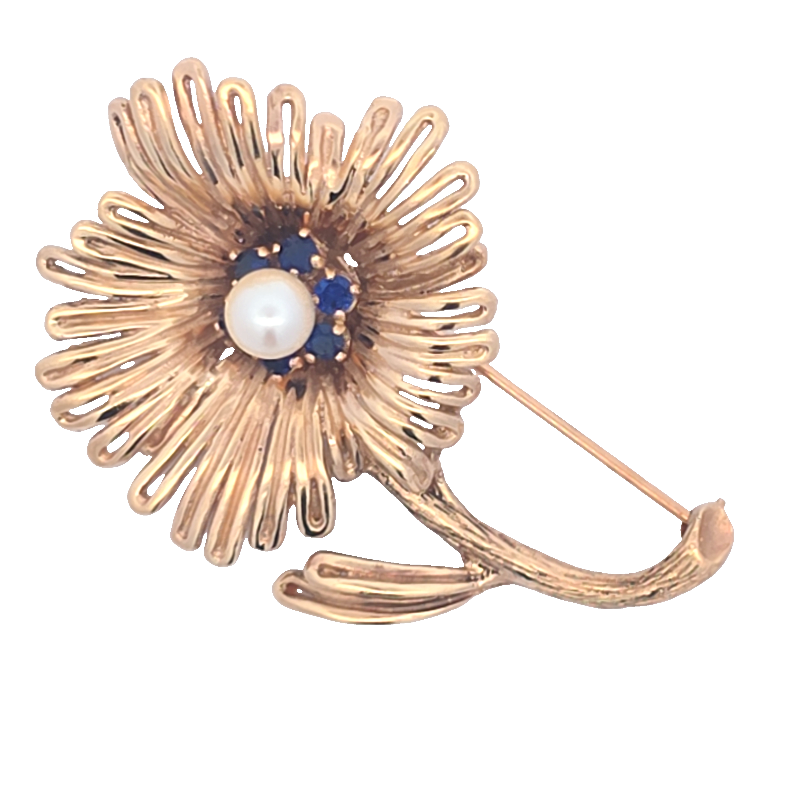 Estate Flower Pearl And Blue Sapphire Pin