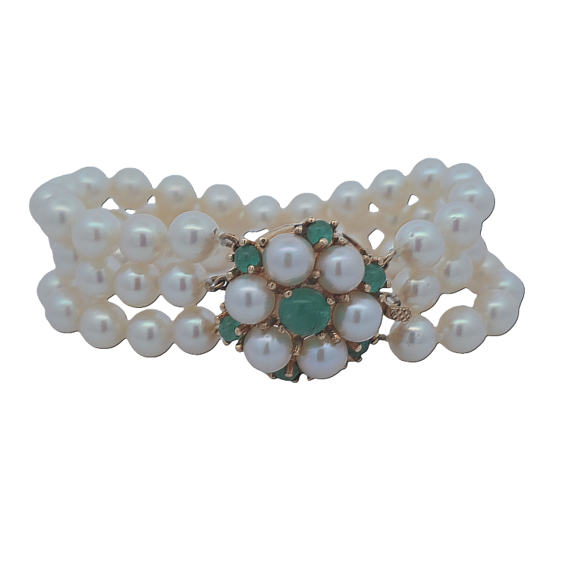 Estate 3 Strand Pearl Bracelet With Emerald And Pearl Clasp
