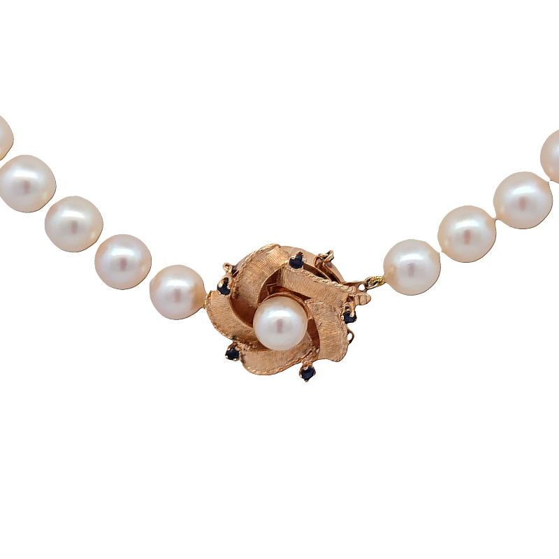 Estate Pearl Necklace With Pearl And Blue Sapphire Clasp