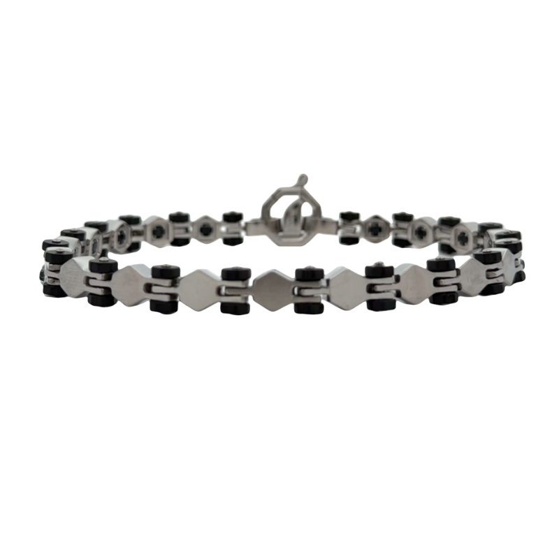 Italgem Stainless Steel And Black CZ Hexagon Link Bracelet