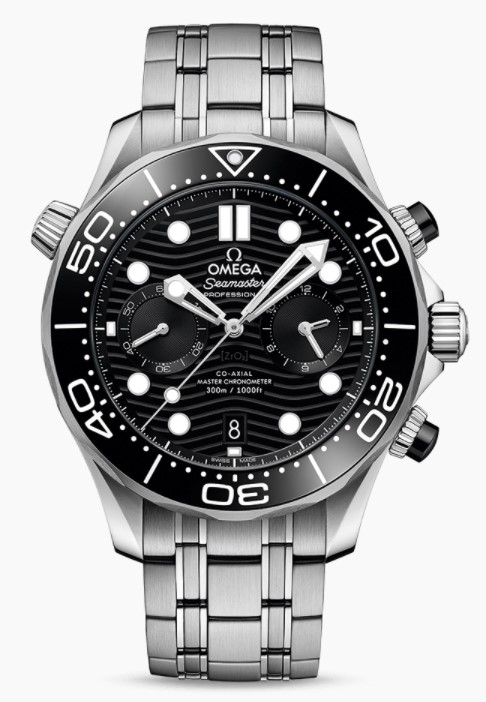 Omega Seamaster Diver 300 timepiece. The watch contains a stainless steel 44mm transparent case having a black Chronograph date dial and a black unidirectional rotating time lapse bezel and a sapphire crystal. The METAS certified Chronometer movement i
